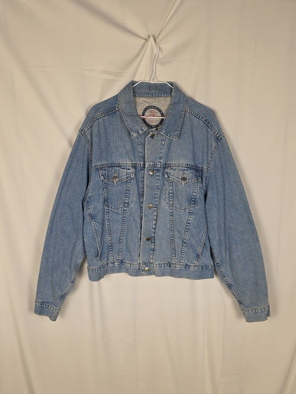 Vintage Classic Light Blue Denim Jacket with Red Logo Detail